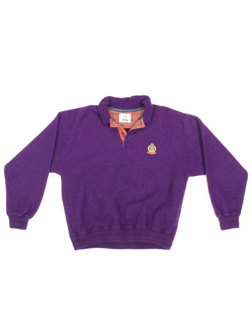 Vtg 80s CVQ Sportswear Italian Purple Boucle Crest Embroidered Sweater sz M /001